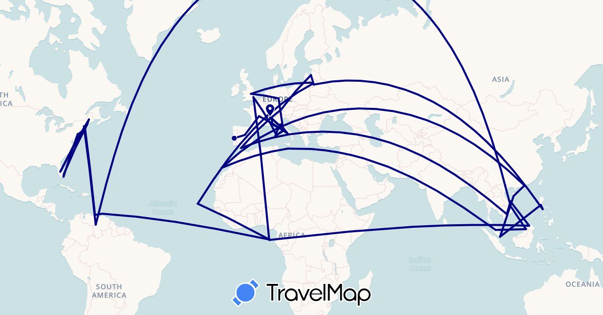 TravelMap itinerary: driving in Brunei, China, Cape Verde, Germany, Spain, France, United Kingdom, Gibraltar, Hong Kong, Italy, Lithuania, Latvia, Malta, Malaysia, Philippines, Portugal, Singapore, São Tomé and Príncipe, United States, Vatican City, Venezuela, Vietnam (Africa, Asia, Europe, North America, South America)